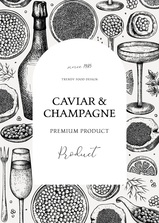 Caviar and champagne hand drawn illustration. Hand drawn frame design with red caviar canape, canned black caviar, sparkling wine bottle, glasses sketches. Seafood vintage background